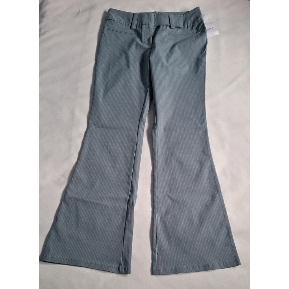 Forever 21 Womens Blue Pinstripe Flared Dress Pants Stretch Pockets Size L